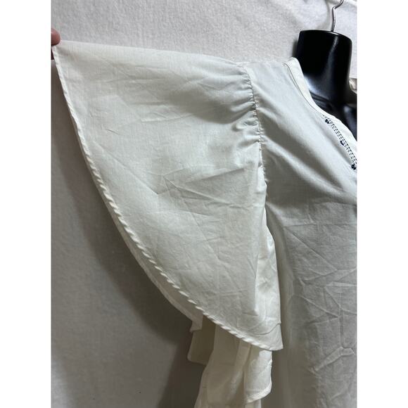 C&A White Bohemian Cap Sleeve Blouse XL Button Front Blue Decor Indie Capsule - Picture 5 of 8